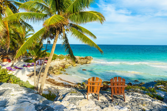 Recreation At Paradise Beach Resort With Turquoise Waters Of Caribbean Sea At Tulum, Close To Cancun, Riviera Maya, Tropical Destination For Vacation, Mexico