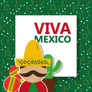 viva mexico man with mustache hat maracas and potted cactus confetti green background vector illustration