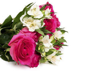 Bouquet of roses and Alstroemeria on a white background.