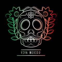 viva mexico skull mustache and flowers degrade green white and red dark background vector illustration