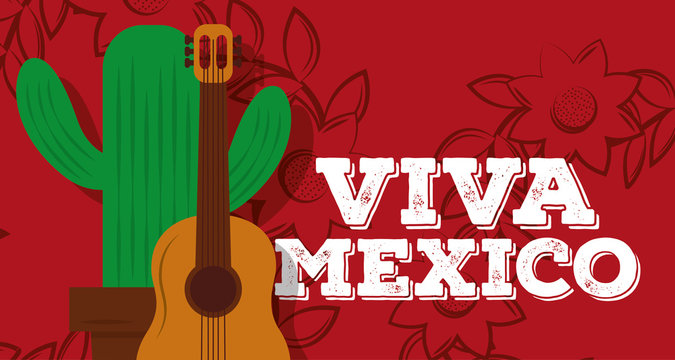 viva mexico guitar and potted cactus red floral background vector illustration