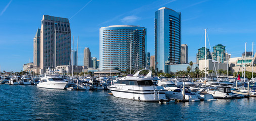 Fototapeta na wymiar San Diego Marina - A panoramic view of San Diego Marina, surrounded by modern high-rising buildings, at side of San Diego Bay in Marina District at southwest of Downtown San Diego, California, USA.