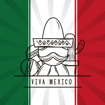 viva mexico man with mustache hat maracas and potted cactus mexican flag background vector illustration