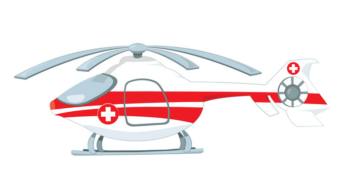 a vector cartoon representing a red and white medical helicopter, with rescue cross on it, standing on the ground.  Propellers are turned off, Image isolated on white background.