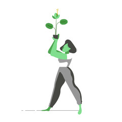 Woman holding flower plant for nature help concept