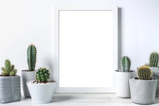 Many cactuses in concrete pots on white background and an empty picture frame