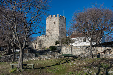 Fototapeta na wymiar Tower of medieval castle of Platamonas. It is a Crusader castle in northern Greece and is located southeast of Mount Olympus. Pieria - Greece