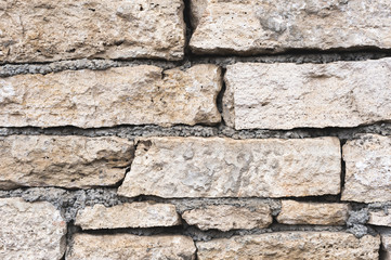 Close-up textured background is an irregular natural stone wall made of different stones without a cement-type bonding mixture. Medieval background