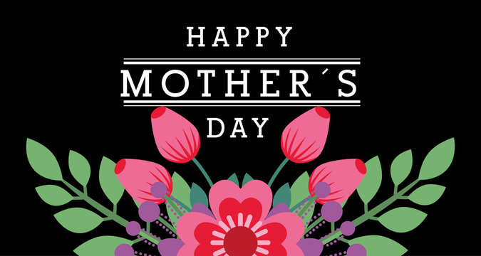 happy mothers day banner cute flowers leaves decoration dark background vector illustration