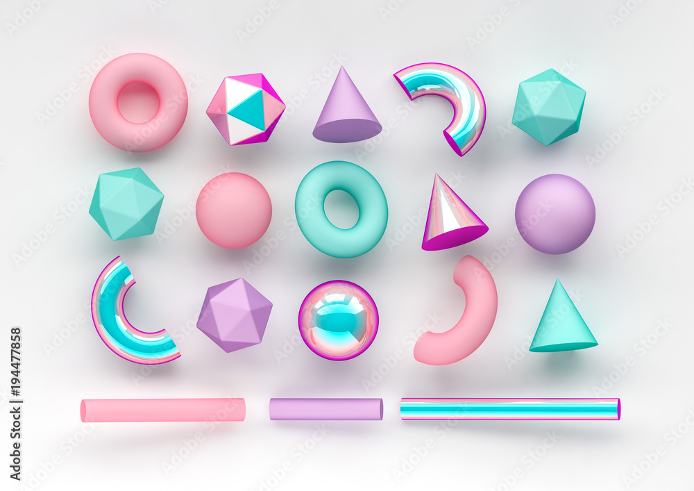 Poster set of 3d render realistic primitives on white background. isolated graphic elements. spheres, torus