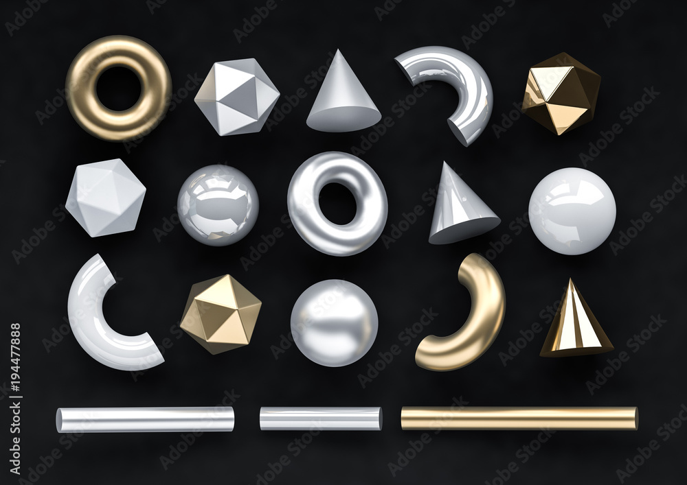 Poster set of 3d render realistic primitives on black background. isolated graphic elements. spheres, torus