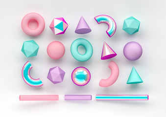 Set of 3d render realistic primitives on white background. Isolated graphic elements. Spheres, torus, tubes, cones and other geometric shapes in pink, holographic glass colors for trendy designs.