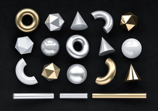 Set of 3d render realistic primitives on black background. Isolated graphic elements. Spheres, torus, tubes, cones and other geometric shapes in gold, white, silver colors for trendy designs.
