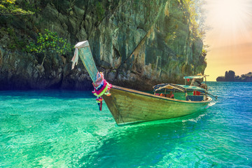 Traditional long tail boat on the sea in Thailand, in Phi Phi Lee of Losama Bay region