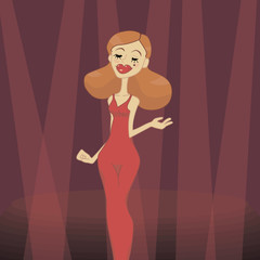 a red hair, pale skin and bright red lips girl in a red dress on a background of stage