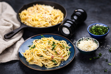 Spaghetti carbonara with egg and pancetta