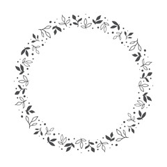 vector hand drawn floral wreath, round frame with leaves and dots, decorative design element, illustration