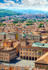 Italy Piazza Maggiore in Bologna old town tower of hall with big © Yasonya
