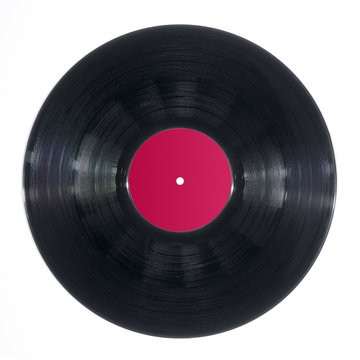 Black DJ vinyl record plate for a music player  on a white background close-up