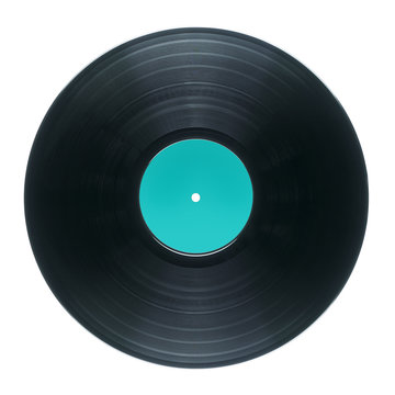 Black DJ vinyl record plate for a music player  on a white background close-up