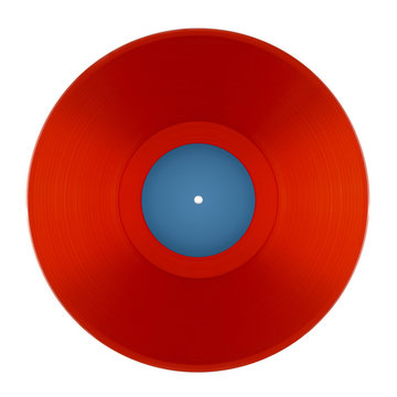 Red DJ vinyl record plate for a music player  on a white background close-up   