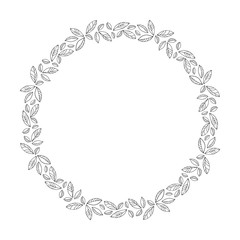 vector hand drawn floral wreath, round frame with leaves, decorative design element, illustration