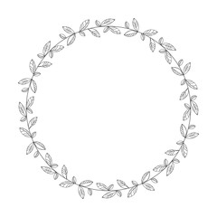 vector hand drawn floral wreath, round frame with leaves, decorative design element, illustration