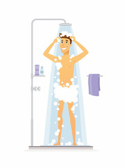 Young man taking a shower - cartoon people character isolated illustration