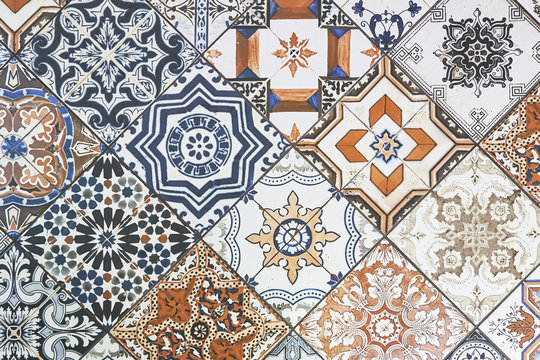Texture of ceramic tiles in oriental East style. Turkish ceramic tiles lined on the wall. Ready idea for your design                                                                                    