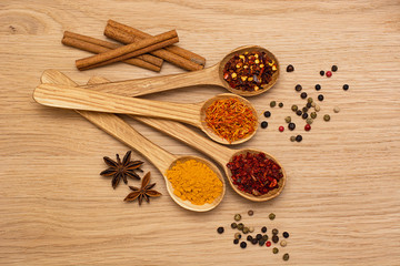 Spice. Spice in a wooden spoon. Herbs. Curry, saffron, turmeric, pepper and others on a wooden background.