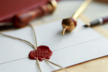Notary's public pen and stamp on testament and last will. Notary public tools