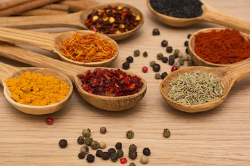 Spice. Spice in a wooden spoon. Herbs. Curry, saffron, turmeric, pepper and others on a wooden background.