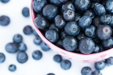 Looking down from above onto a fresh, organic bowlful of blueberries