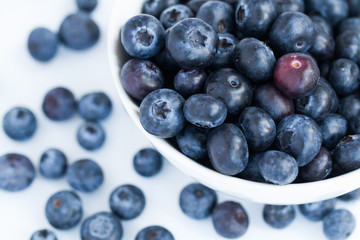Looking down from above onto a fresh, organic bowlful of blueberries