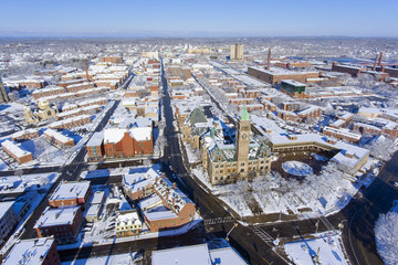 Lowell City Hall and downtown aerial view in downtown Lowell, Massachusetts, USA.