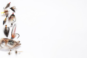 A lot of fishing flies on white Background