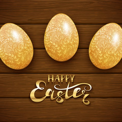 Easter eggs with floral pattern on brown wooden background
