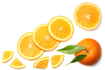 healthy food. sliced orange with green leaf isolated on white background top view