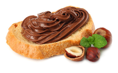 Slice of bread with chocolate cream with hazelnut isolated on white background