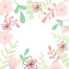 Pink vector frame with flower and leaves. Illustration for wedding invitation card, print