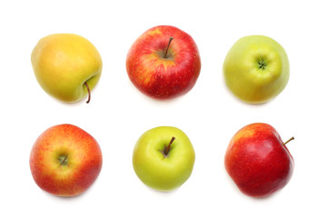green and red apples isolated on white background. top view