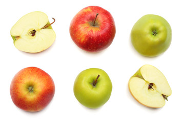 green and red apples isolated on white background. top view