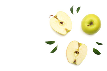 green apples with slices isolated on white background. top view