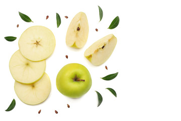 green apples with slices isolated on white background. top view