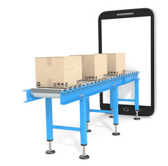 E-Commerce. Blue Conveyor with cardboard Boxes connected to Smartphone. 3d Render. Blank for Copy Space.