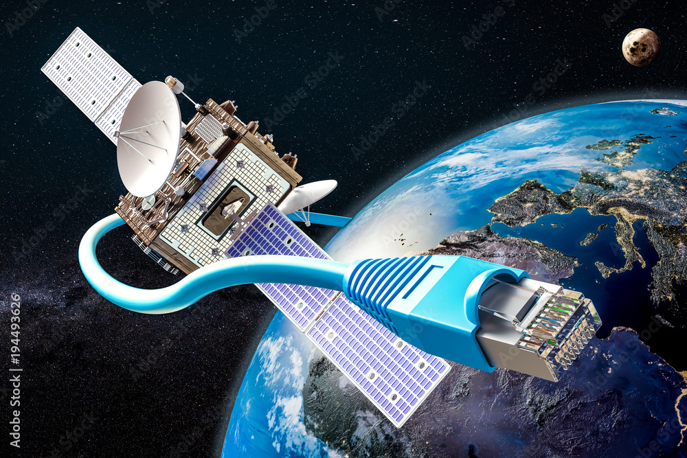 Poster global satellite internet service concept, 3d rendering