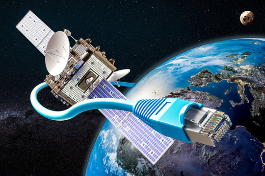 Global satellite internet service concept, 3D rendering