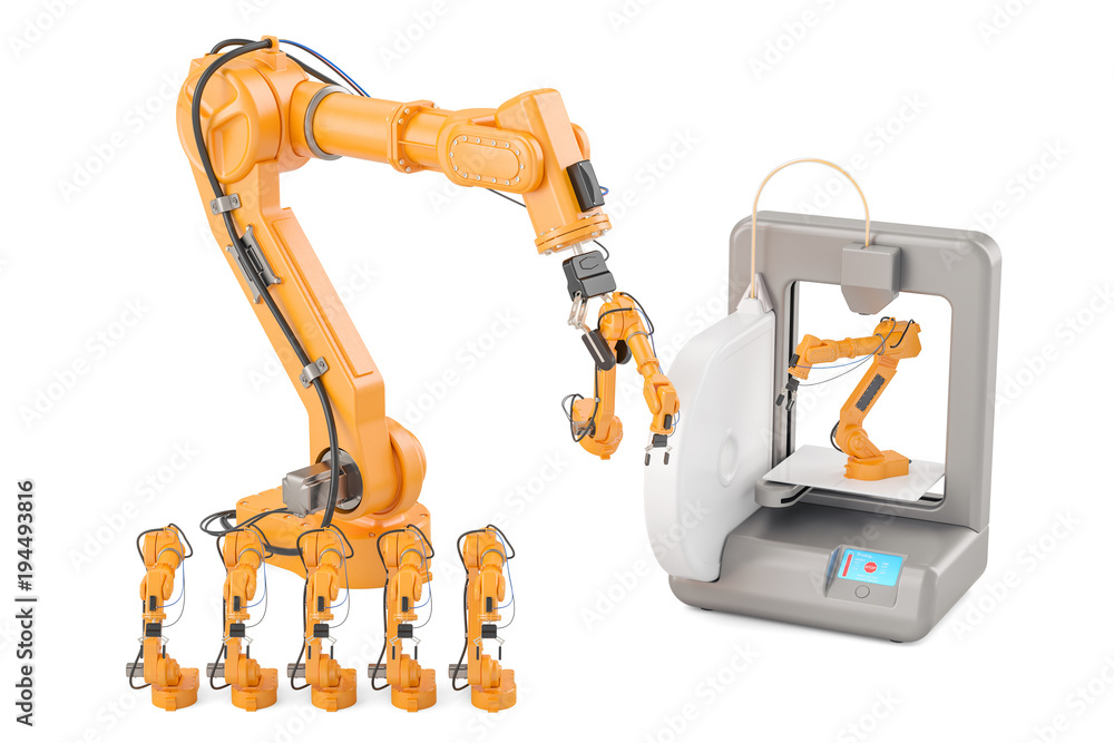 Aufkleber robotic arms with 3d printer, 3d rendering