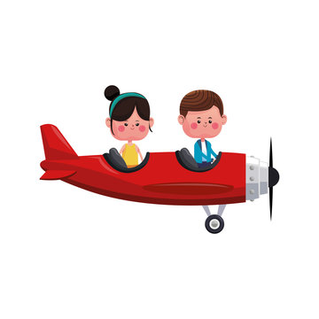Cute kids flying an airplane cartoon vector illustration graphic design