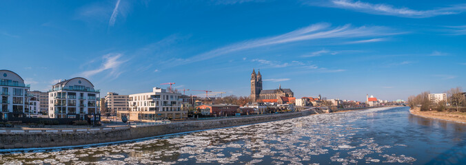 Panoramic view of Magdeburg downtown during ice drift at Elbe, Germany